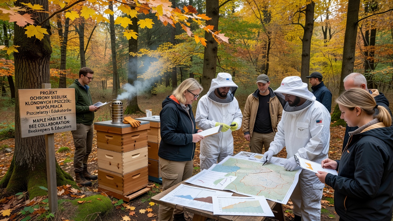 Students and beekeepers collaborating on maple monitoring activities in a Polish forest setting